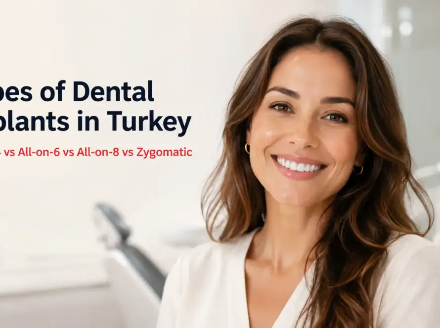 Smiling woman representing the different types of dental implants available in Turkey, including All-on-4, All-on-6, All-on-8 and Zygomatic implants