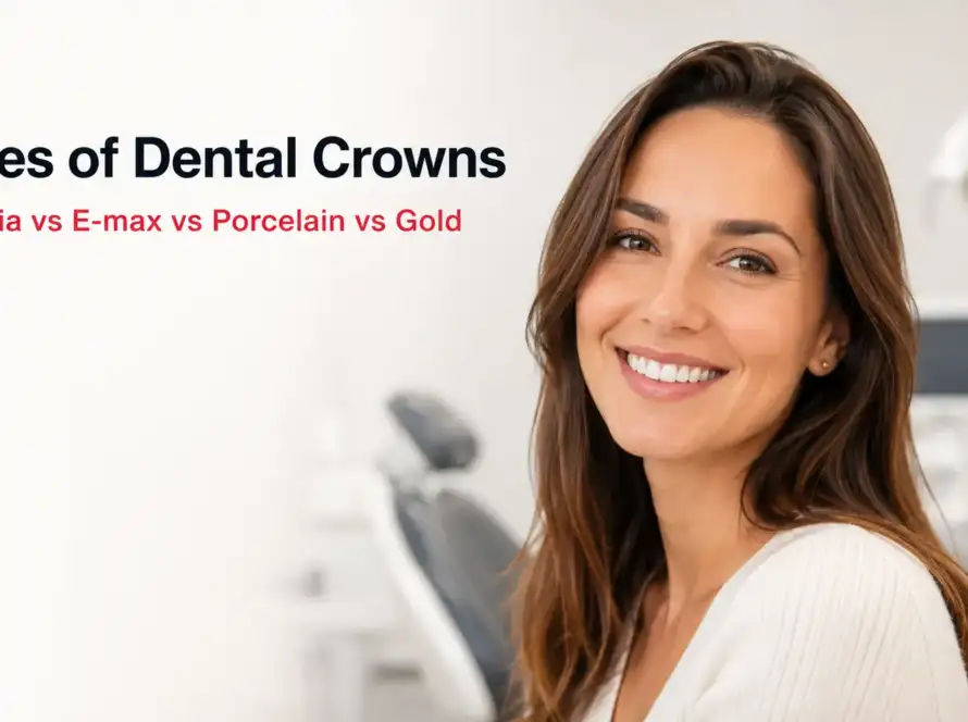 Smiling woman representing the comparison of dental crown materials in Turkey, including zirconia, E-max, porcelain-fused-to-metal and gold crowns