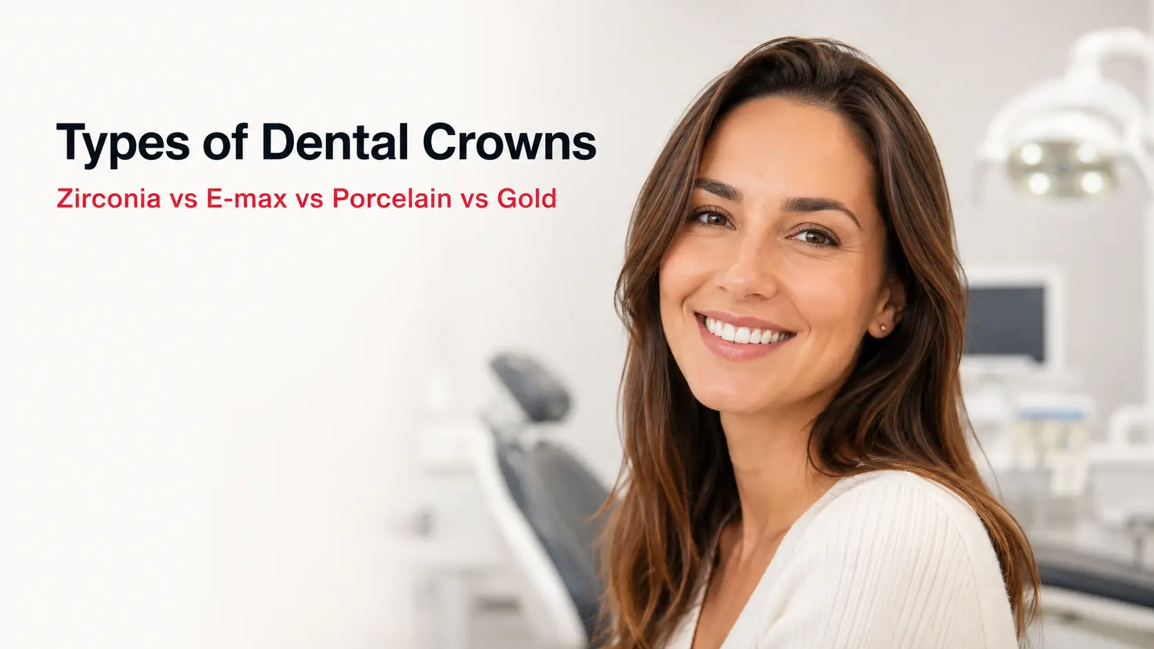 Smiling woman representing the comparison of dental crown materials in Turkey, including zirconia, E-max, porcelain-fused-to-metal and gold crowns