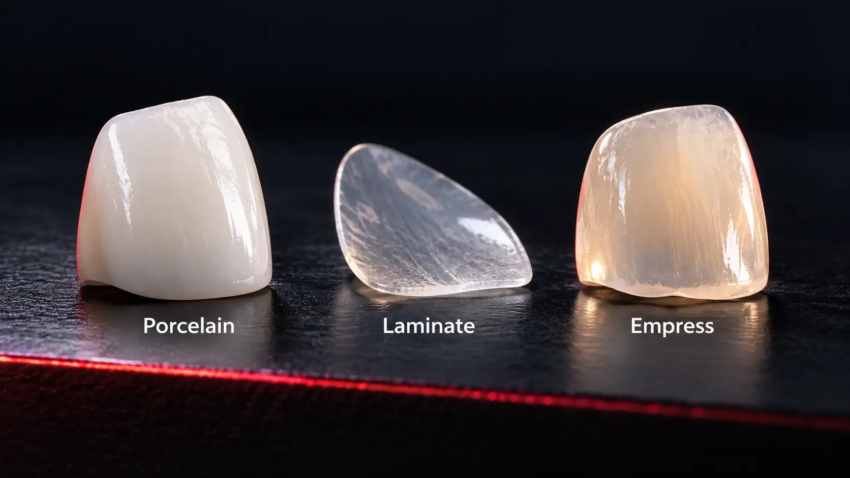 Three dental veneer material samples — porcelain, laminate no-prep, and Empress pressed ceramic — compared side by side