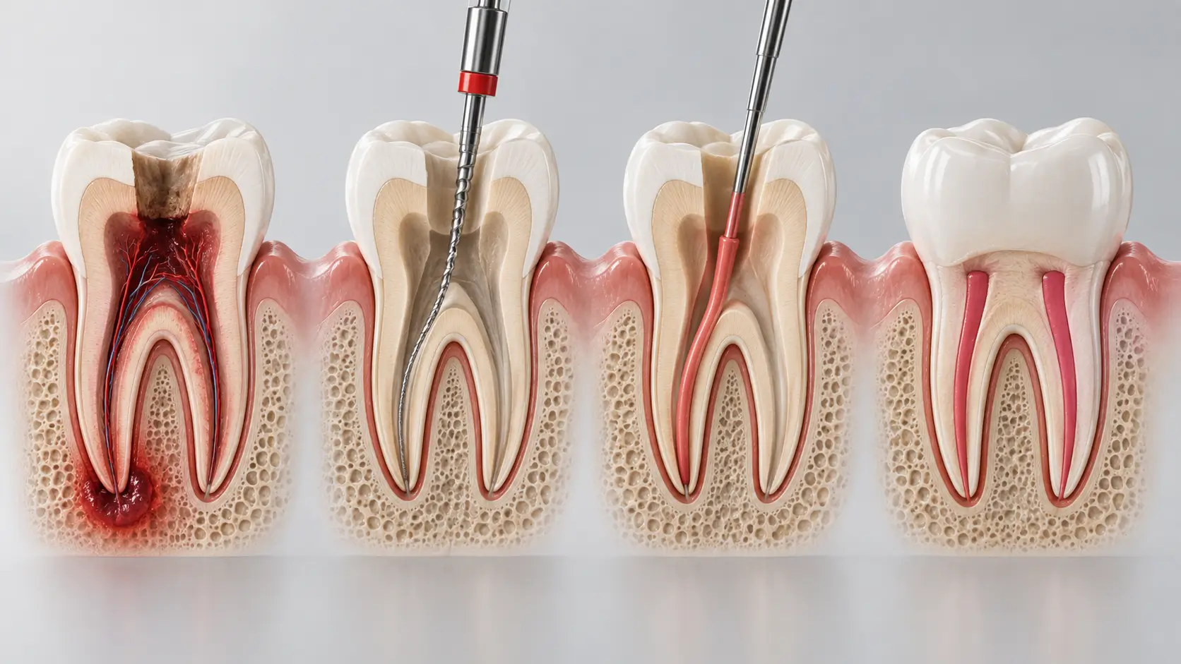 Illustration of the root canal treatment process showing the steps from infected pulp removal to final tooth restoration