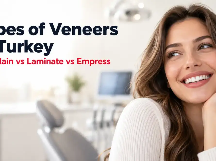 Smiling woman representing the comparison of dental veneer types in Turkey, including porcelain, laminate and Empress veneers