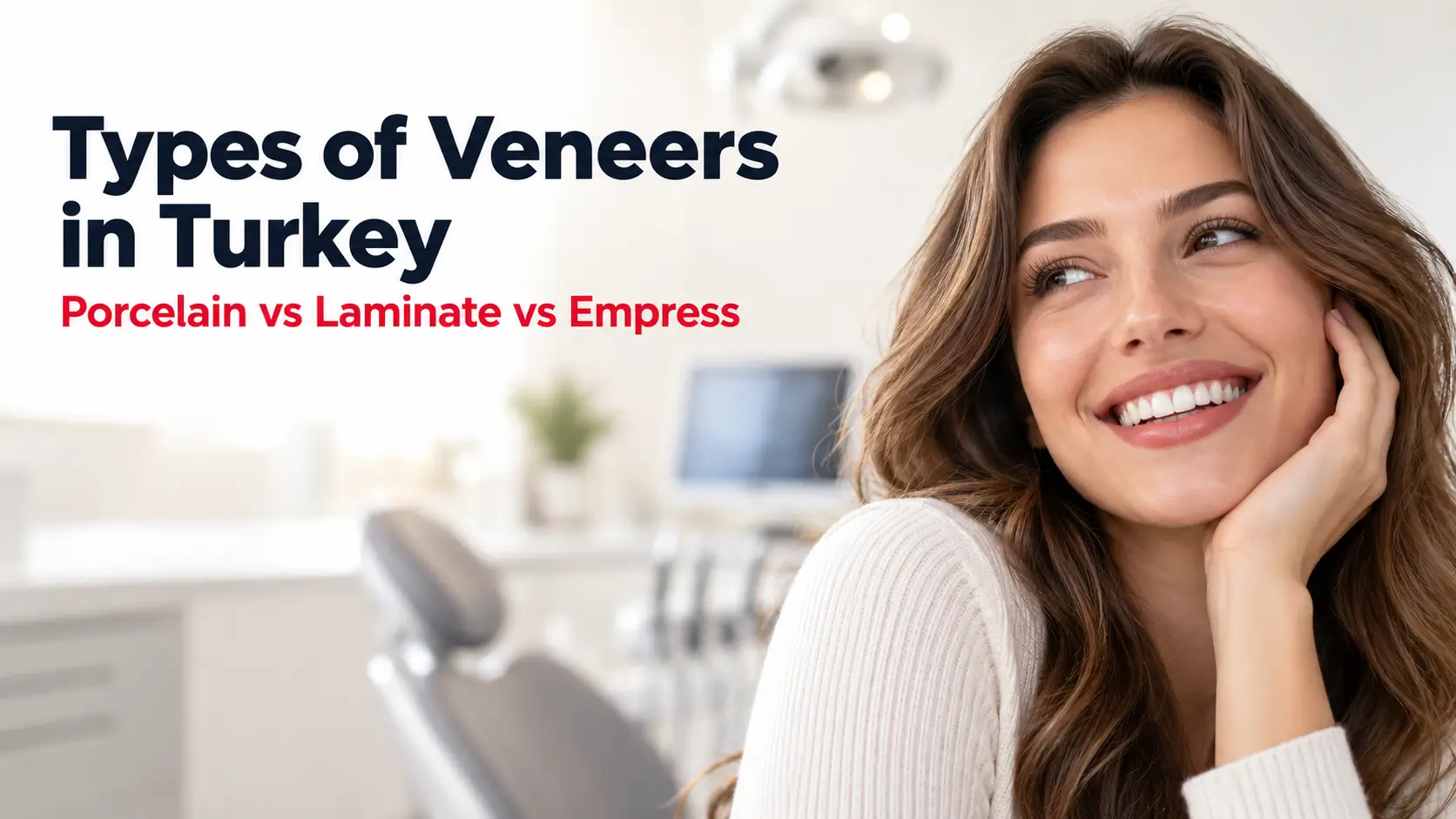 Smiling woman representing the comparison of dental veneer types in Turkey, including porcelain, laminate and Empress veneers
