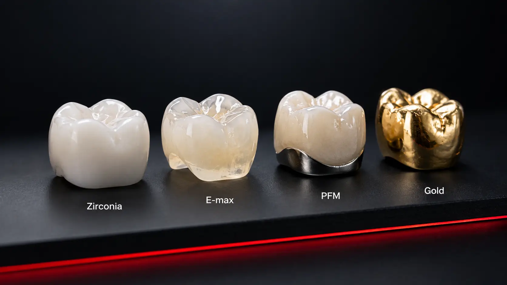 Four dental crown material samples — zirconia, E-max, porcelain-fused-to-metal and gold — compared side by side